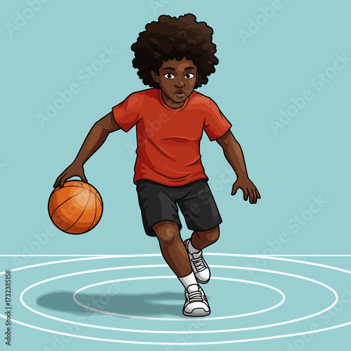 Illustration of a boy dribbling an orange basketball on a light blue court with white lines, concept for sports education, youth activities and game training