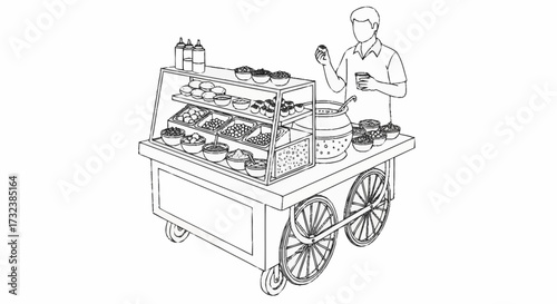 Vendor at vibrant Indian street food cart offers delicious snacks, a perfect taste of culture and cuisine for travel blogs or food-related projects