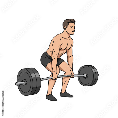 Muscular man prepares to lift heavy barbell, demonstrating strength and determination for fitness training, powerlifting concept, and body building exercise