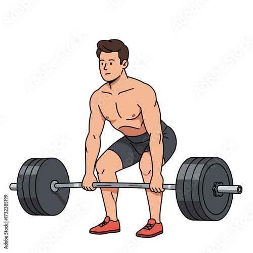 Muscular man doing deadlift exercise with barbell in gym studio, concept for fitness routine, strength training and active lifestyle