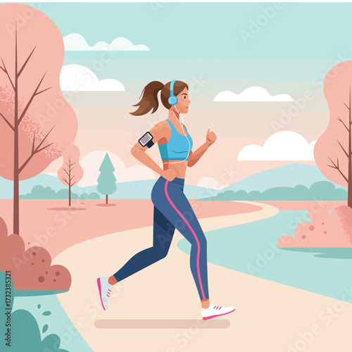 Fit woman jogging on pathway surrounded by nature, wearing sportswear and listening to music, concept for fitness routine, healthy lifestyle and active recreation