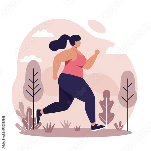 Curvy woman running outdoors in a park with pink and purple tones, concept for fitness program promotion, health awareness campaign and active lifestyle presentation