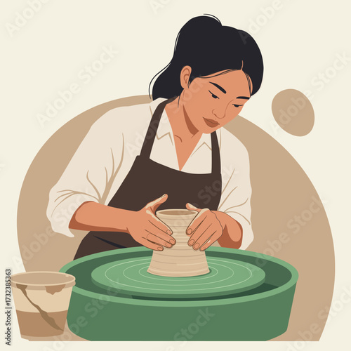 female artist making pottery