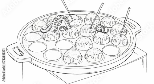 Delightful Japanese takoyaki street food illustration with octopus tentacles, perfect for coloring books, menus, and culinary projects