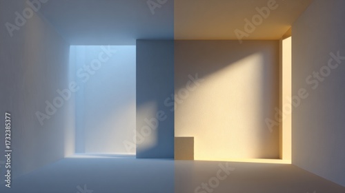 Wallpaper Mural Minimalist Room Split by Cool and Warm Light with Long Shadows. AI generative Torontodigital.ca