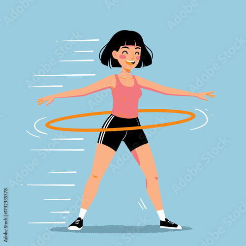 A happy young woman exercising with hula hoop, dressed in athletic wear with a vibrant smile. Concept for fitness routine, active lifestyle and well being