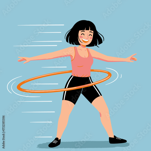 Smiling woman spinning hula hoop wearing sportswear against light blue background with motion lines effect, concept for fitness activity, healthy lifestyle and active recreation