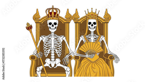 Royal Skeleton Throne: A regal depiction of two skeletons, adorned with crowns and fine attire, seated upon ornate thrones, exuding an air of gothic grandeur, holding a scepter and fan. 