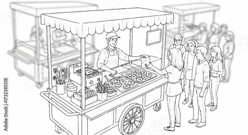 Delicious donuts at the street food market draw a hungry crowd waiting in line, ready for a tasty treat from the friendly vendor at the stall