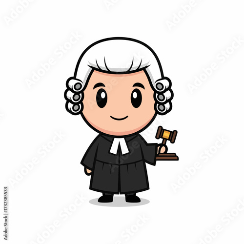 Adorable Cartoon Judge with Gavel and Traditional White Wig.