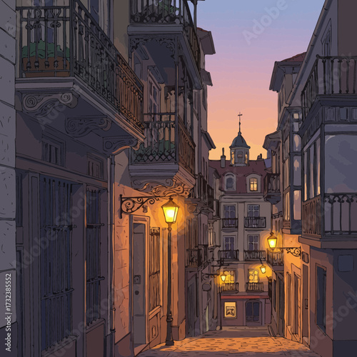Illustration of a narrow European street with vintage buildings and glowing street lamps at dusk. Concept for travel brochure, historical illustration and architectural design guide