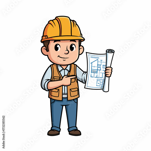 Cartoon Architect with Blueprint Pointing to Design Details Wearing Hard Hat.