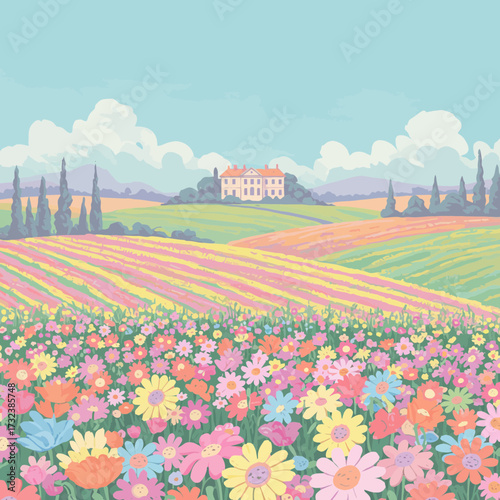 Pastel floral meadow with distant villa and rolling hills under a soft sky offers calm, scenic view. Concept for peaceful escape, spring backdrop and idyllic countryside dream