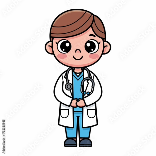 Cartoon Doctor with Stethoscope and White Coat Smiling with Big Eyes.