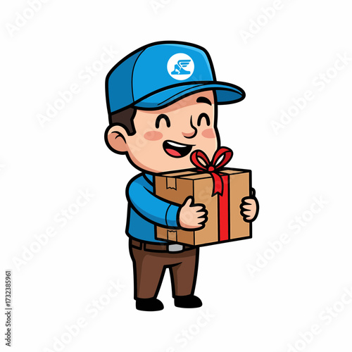 Cartoon Delivery Boy with Blue Cap Holding a Gift Box with Red Ribbon.