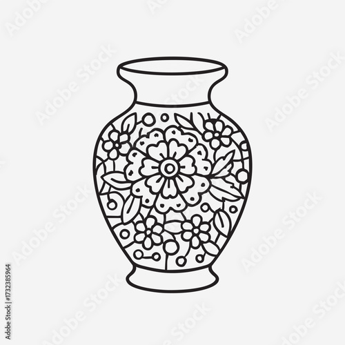 Minimalist vector icon of a handmade ceramic vase with lace design, white background.
