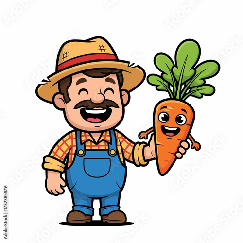 Cartoon Farmer with Straw Hat Holding Smiling Carrot Character.
