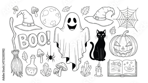 Halloween Icons: A captivating ensemble of hand-drawn Halloween elements, including a playful ghost, a bewitching witch's hat, a cunning black cat, an ominous spider, a carved pumpkin.