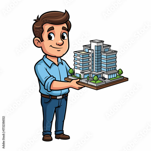 Cartoon Man Proudly Presents a Detailed Architectural Model of a Modern Building.