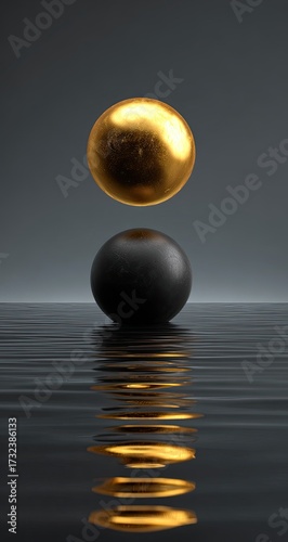Two spheres, one gold, one black, with water reflection. Simple, elegant abstract art