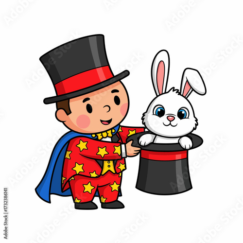 Cartoon Magician with Starry Suit Pulling a White Rabbit from a Top Hat.