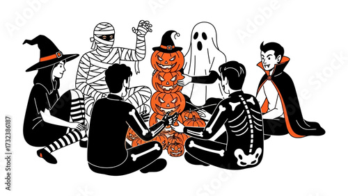 Halloween Gathering: A friendly circle of diverse individuals costumed for Halloween, creatively gathered around a stacked pumpkin creation in an artist illustration of celebration and community