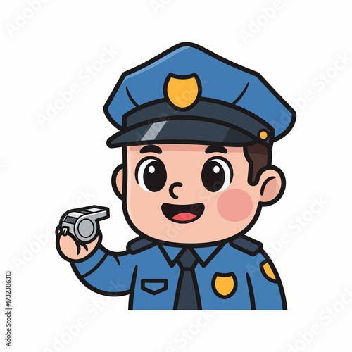 Cartoon Policeman with Whistle in Hand Wearing Blue Uniform and Hat.