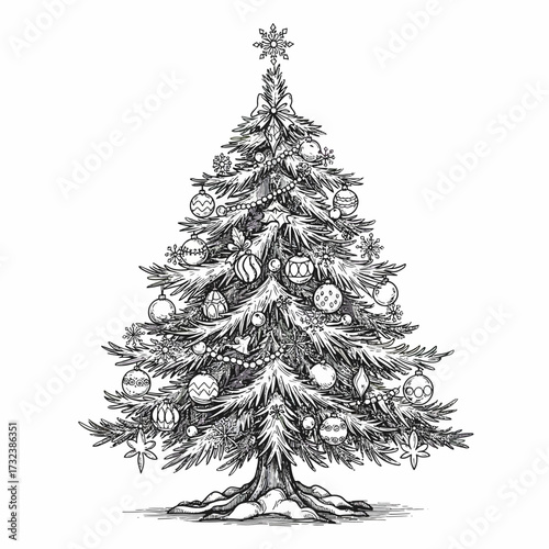 Hand drawn Christmas tree with ornaments, bead garland, and a star on top in monochrome style. Concept for holiday card, Christmas decoration, and festive banner