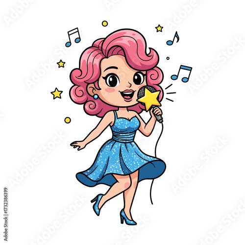 Cartoon Singer with Pink Hair and Star Microphone in Blue Dress.