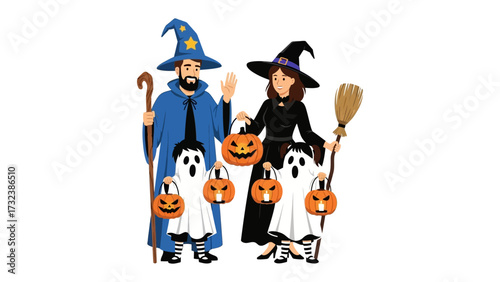 Halloween Family Costume: A group of costumed individuals dressed up for Halloween, embodying the joyful spirit of the occasion, with one individual in the role of a wizard, another of a witch.