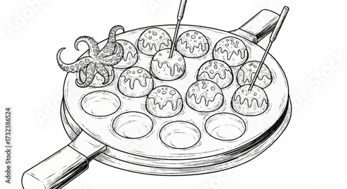 Japanese street food illustration showing delicious takoyaki balls in a pan with octopus, perfect for culinary blogs and manga art projects