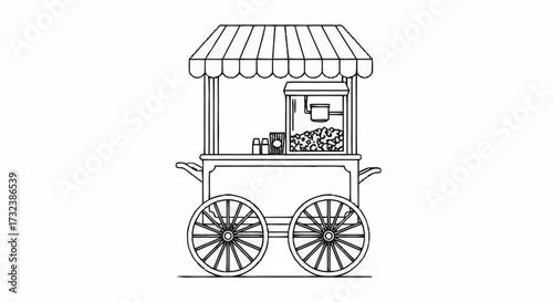 Line art drawing of a classic popcorn cart for fun fair and carnival designs, perfect for vintage and retro themed projects and nostalgic concepts