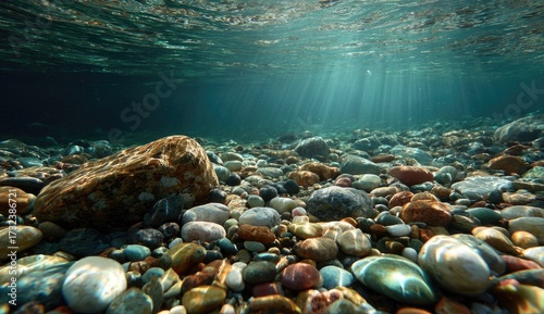 Underwater view of riverbed with rocks and sunlight beams