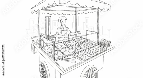 Friendly street food vendor with fresh baked goods in a mobile cart ready to serve customers looking for delicious snacks and treats in the city center