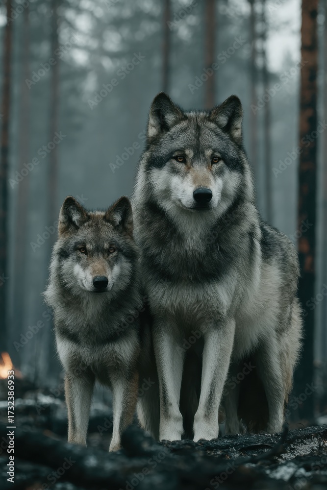 Naklejka premium Two wolves stand together in a misty forest after a wildfire at dusk