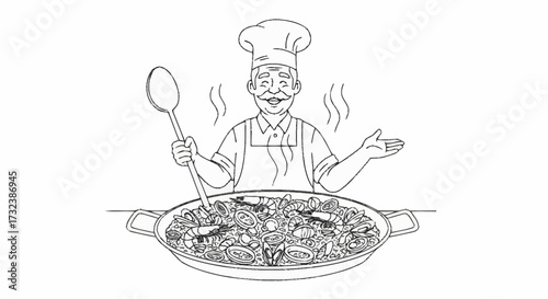 Smiling chef presents delicious seafood paella, ready to serve a culinary masterpiece with a wooden spoon in a vibrant, aromatic display.