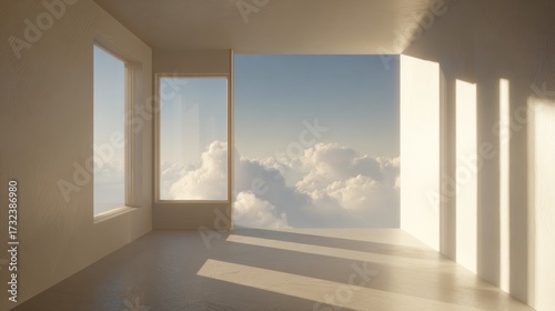 Wallpaper Mural Minimalist Room Interior with Large Window View Above the Clouds and Long Morning Shadows. AI generative Torontodigital.ca