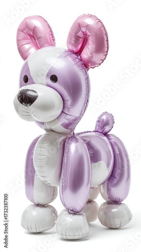 Dog-shaped animal balloon figure on white background for parties and decorations, with pink ears and purple and white accents