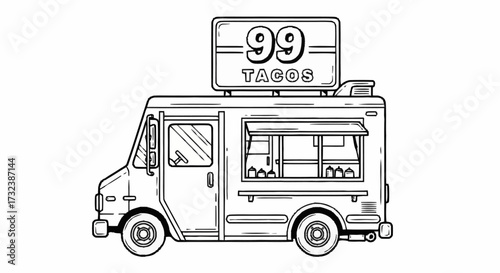 Vibrant taco food truck with '99 TACOS' signage ready to serve delicious street food delights to hungry customers