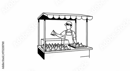 Street vendor proudly offers delicious triangular snacks from a charming market stall, capturing the vibrant essence of local cuisine and entrepreneurial spirit.