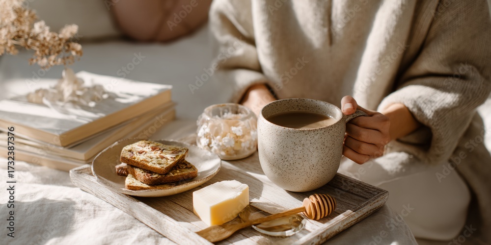 Fototapeta premium Woman is sitting on a bed with a tray of food and a cup of coffee
