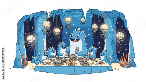Sea Monster Feast: A vibrant illustration depicts a family of charming sea monsters joyfully gathered around a beautifully laid table within an underwater cave, enjoying a delightful feast.