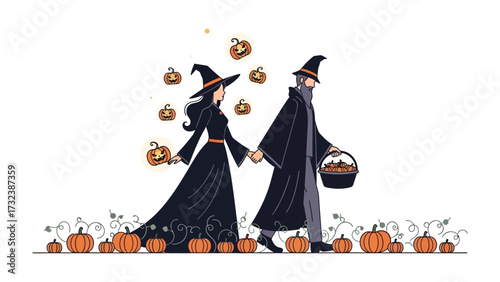 Magical Autumn Walk: A couple dressed in witch attire, stroll hand in hand through a pumpkin patch in an enchanting display, encapsulating the magic of Halloween and autumn.