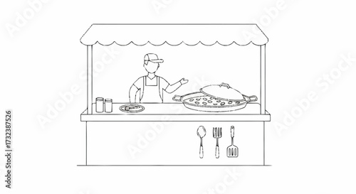 Friendly vendor serving delicious food from a charming outdoor stall, inviting customers to taste fresh offerings.