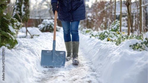 A person using a snow shovel to clear garden paths, snow piles on both sides, boots leaving fresh tracks, winter garden background
