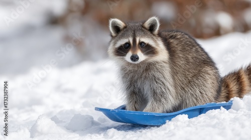A raccoon sitting on a plastic sled going down a snowy hill, comical expression, action shot