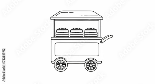 Charming food cart filled with delicious steaming buns, ready to serve hungry customers on a bustling street corner, evoking comfort and culinary delight.