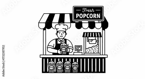 Smiling chef serves fresh popcorn from a vibrant street cart, perfect for events and concessions