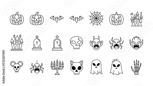 Halloween Icons: A collection of eerie, yet elegant icons that encompass the spirit of All Hallows' Eve, from jack-o'-lanterns and bats to haunted houses, creating a spooky charm for any design. 