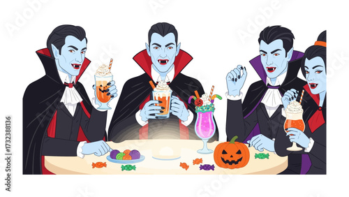 Vampires Enjoying Halloween Drinks: An illustrated gathering of vampires indulging in festive drinks, decorated with candy and pumpkin, embodying the playful spirit of Halloween.